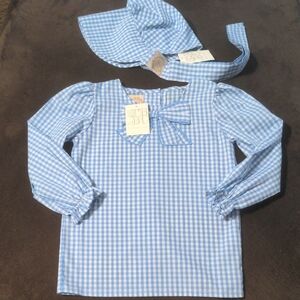 TBBC Beatrice Bow Blue Gingham Blouse & Hat Set. Size 7 NWT